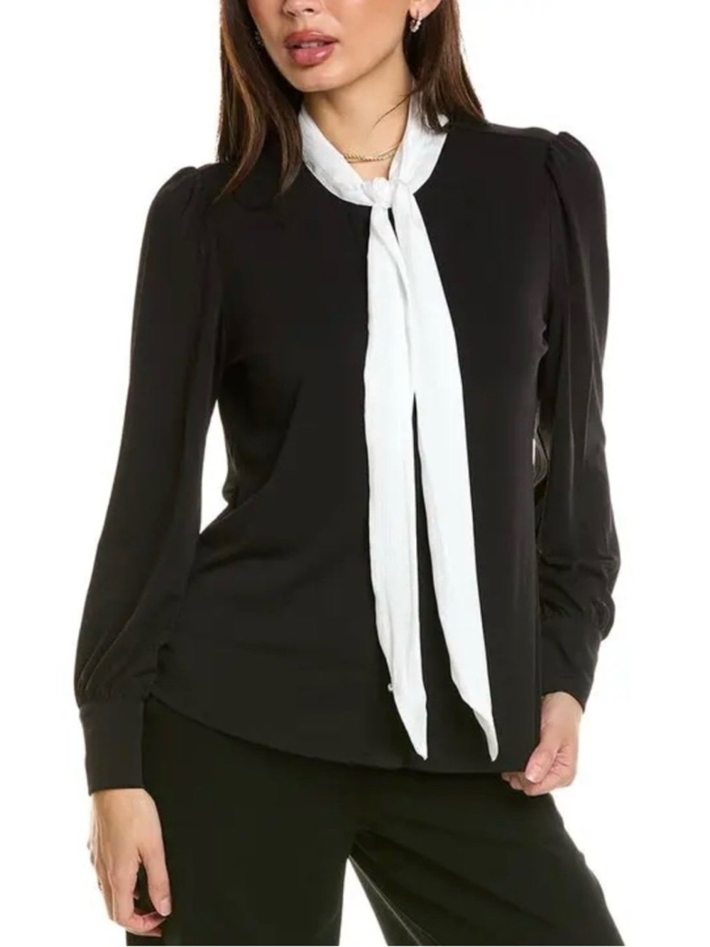 Adrianna Papell BlK Long Sleeve blouse White Tie neck pussybow work office NWT M